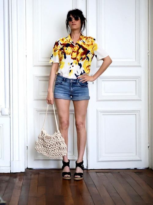 chemisier vintage Louis Féraud, blouse Louis Féraud vintage, mode vintage années 1980, chemisier floral vintage, imprimé artistique, style arty chic, pièce vintage de créateur, Pau wu pauwu 