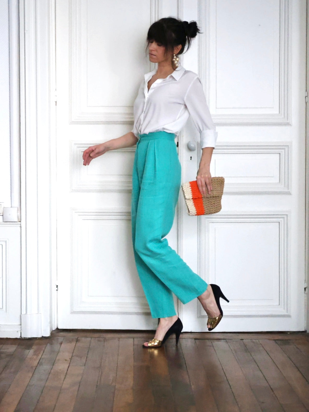 Pantalon Vintage Ungaro Parallèle Turquoise – Taille Haute Années 80