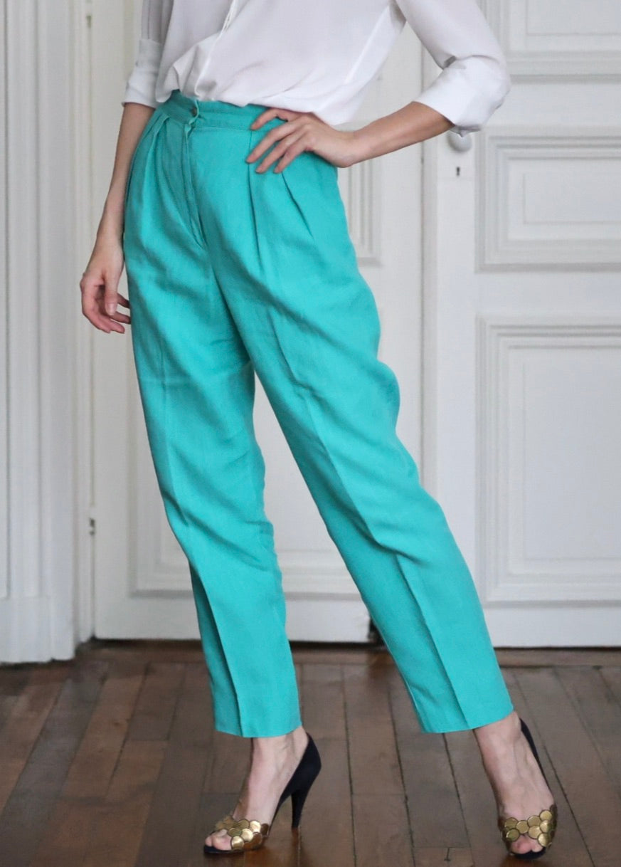 Pantalon Vintage Ungaro Parallèle Turquoise – Taille Haute Années 80