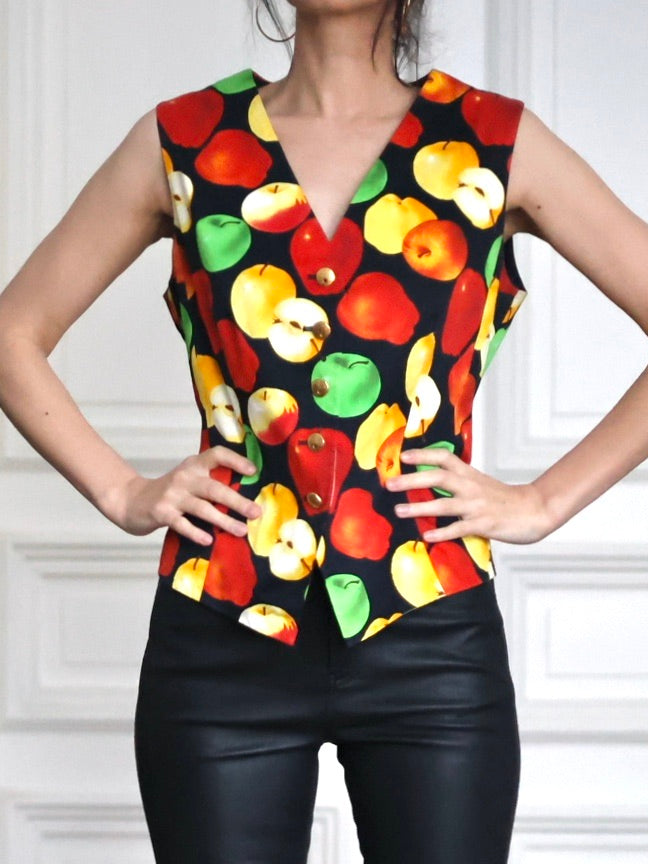 Gilet vintage Escada Margaretha Ley à imprimé pommes Ley 80s 90s
