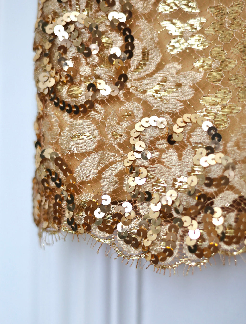 Jupe Escada vintage Margaretha Ley à sequins dorés, dentelle et soie