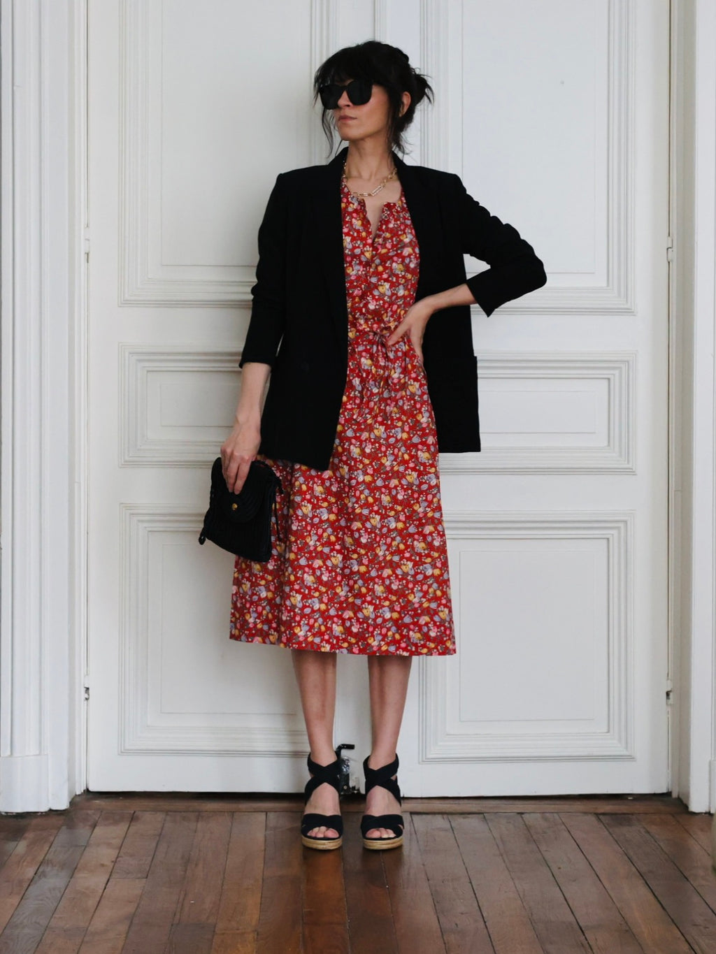 Robe Guy Laroche en coton fleuri rouge brique 70s