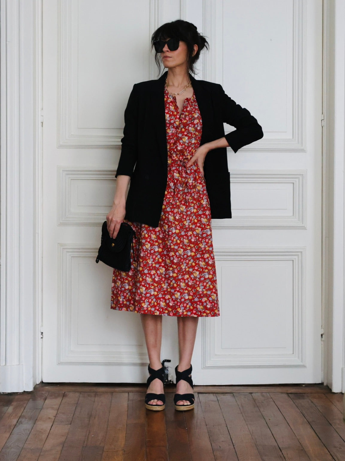 Robe Guy Laroche en coton fleuri rouge brique 70s