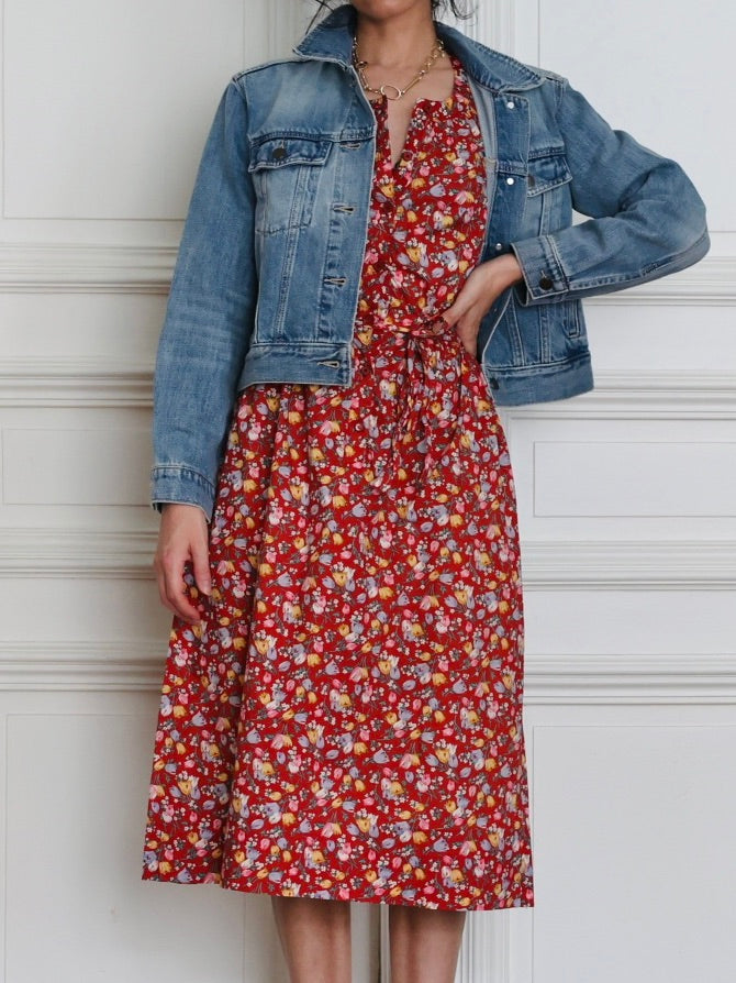 Robe Guy Laroche en coton fleuri rouge brique 70s
