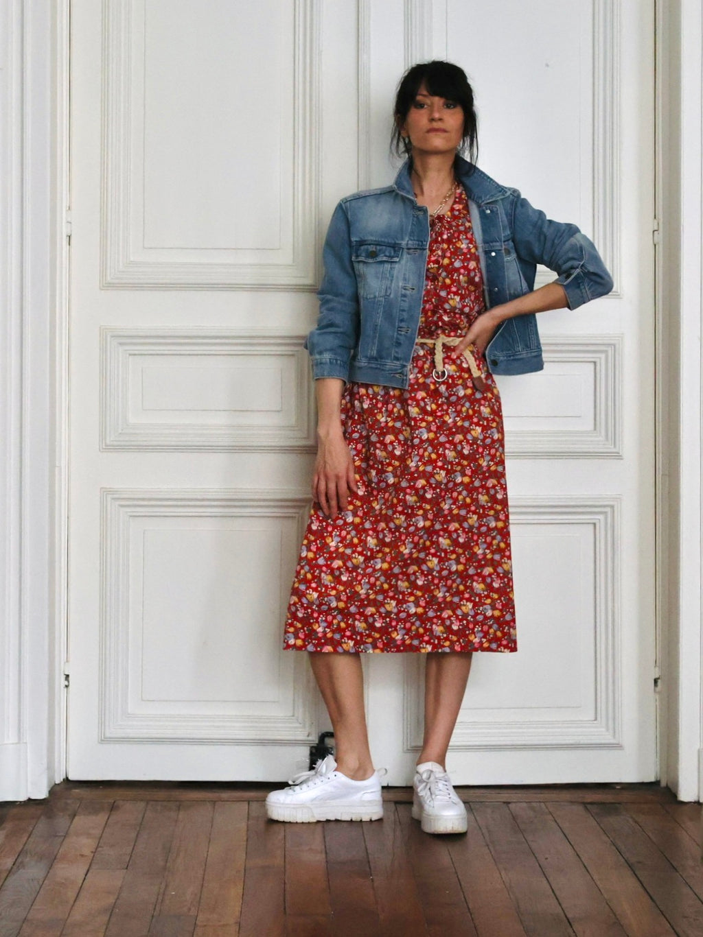 Robe Guy Laroche en coton fleuri rouge brique 70s