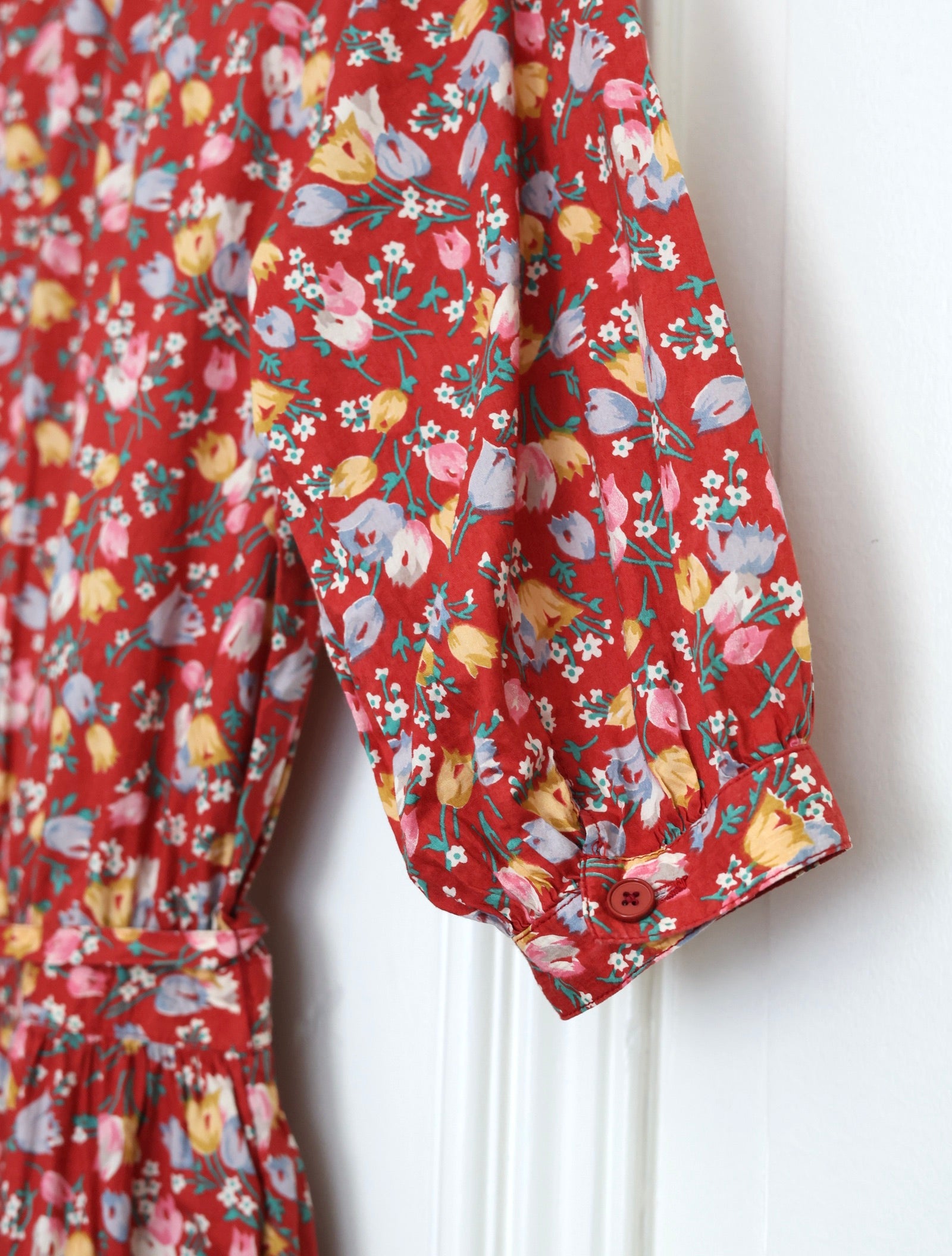 Robe Guy Laroche en coton fleuri rouge brique 70s