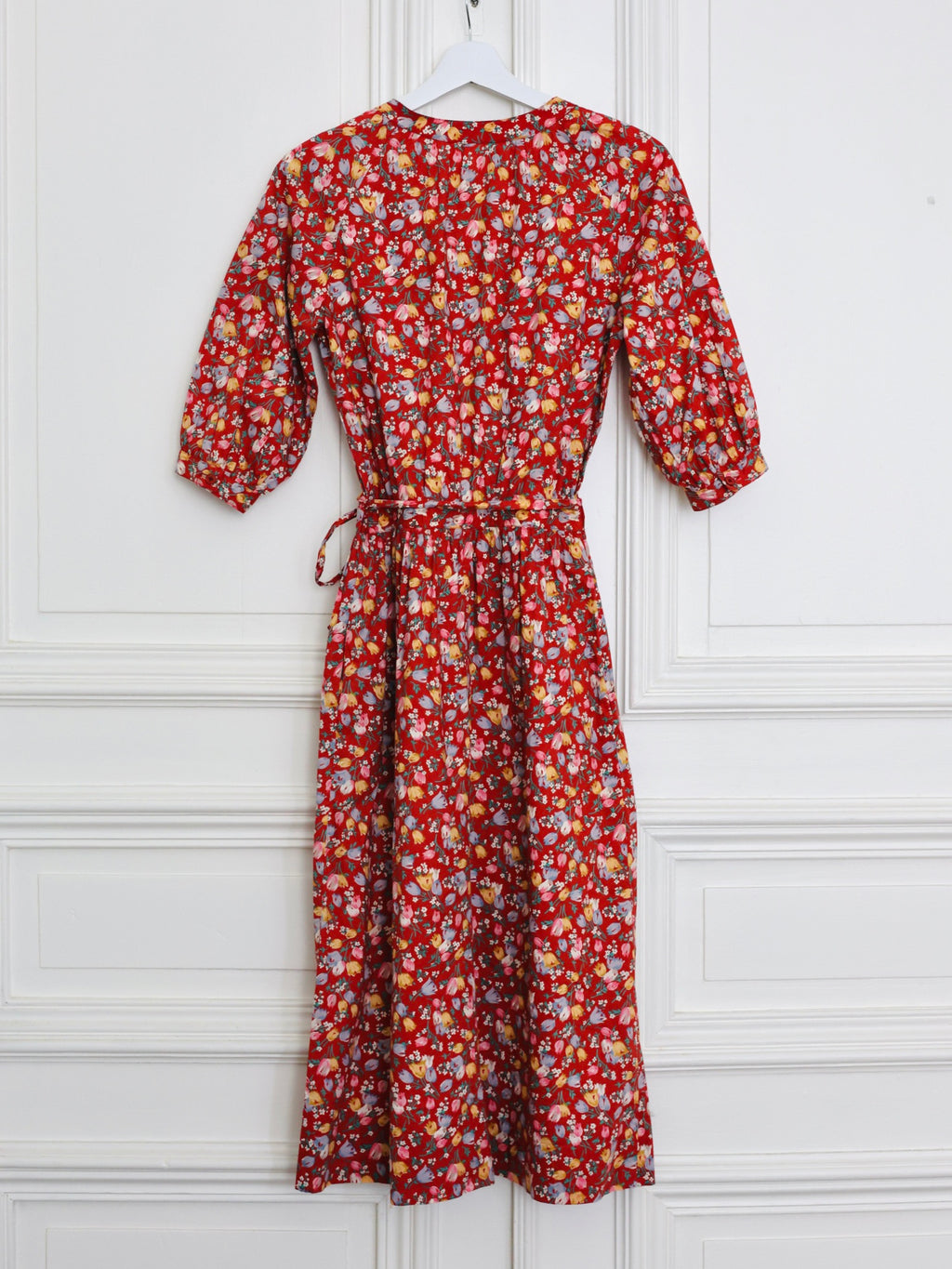 Robe Guy Laroche en coton fleuri rouge brique 70s