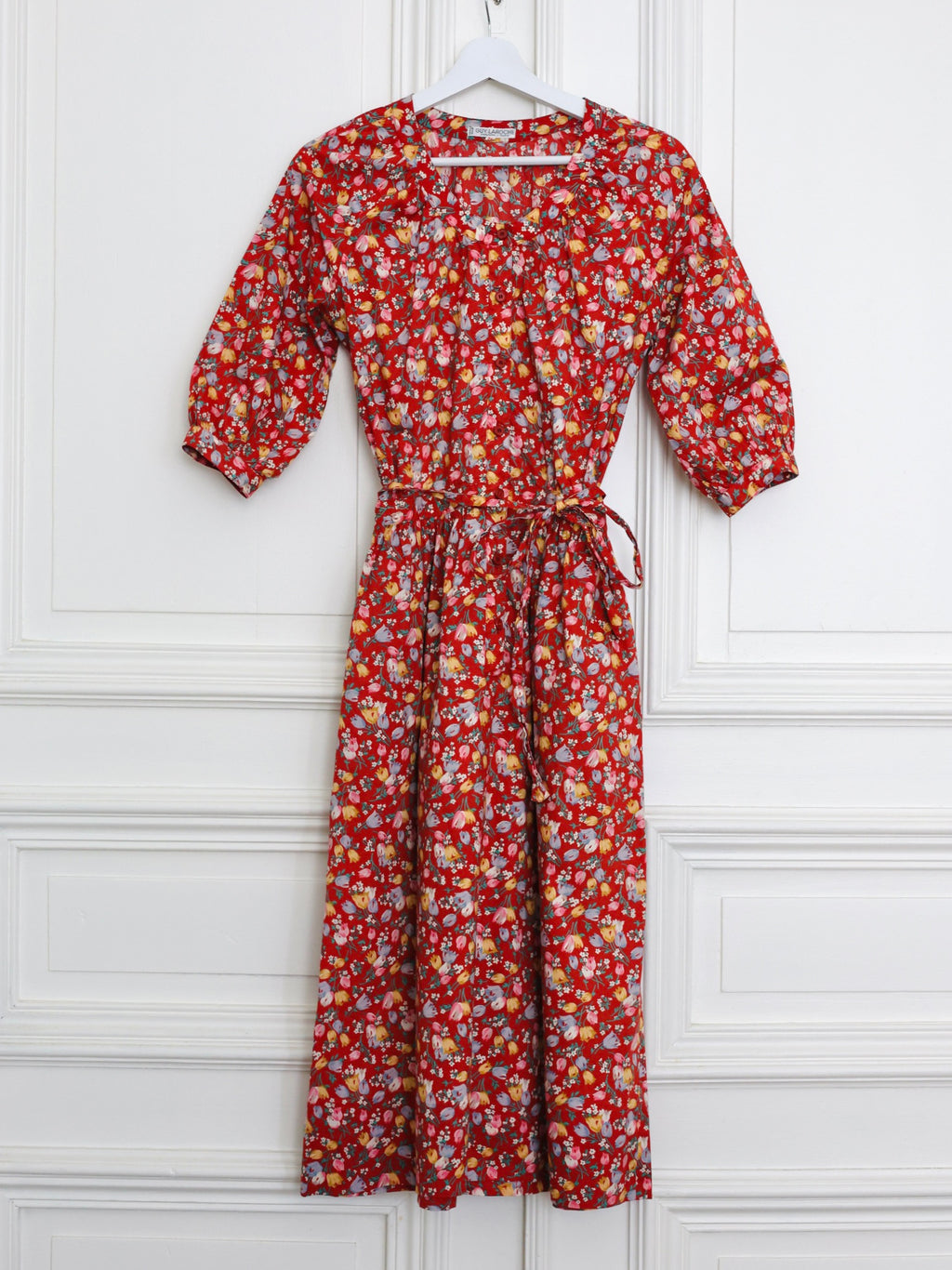 Robe Guy Laroche en coton fleuri rouge brique 70s