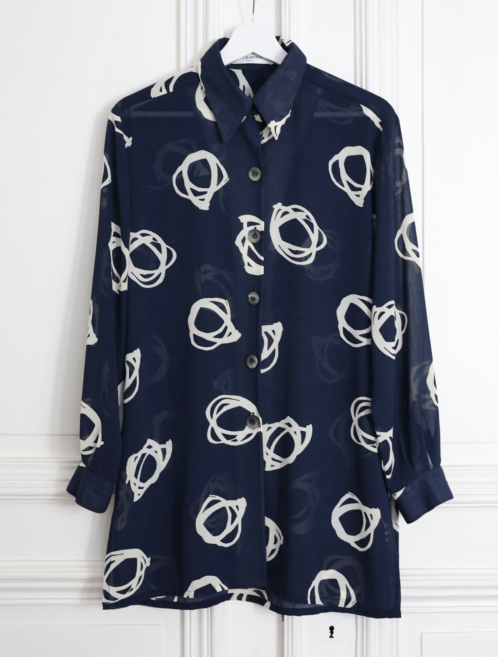 Chemisier vintage Guy Laroche Paris 38  fluide bleu marine imprimé graphique