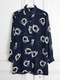 Chemisier vintage Guy Laroche Paris 38  fluide bleu marine imprimé graphique