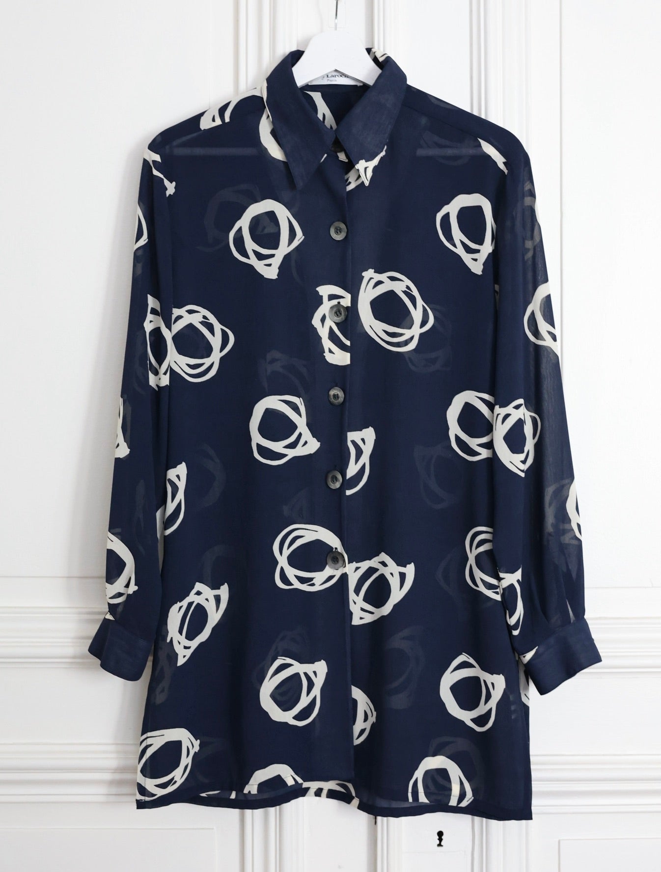 Chemisier vintage Guy Laroche Paris 38  fluide bleu marine imprimé graphique