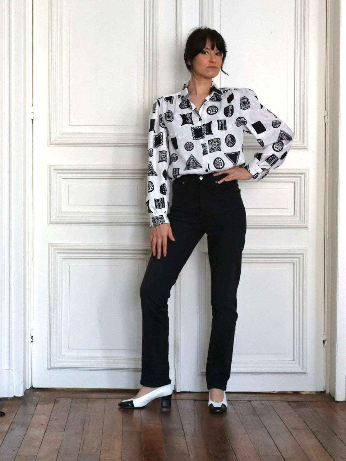 Chemisier Louis Féraud Vintage – Jacquard graphique noir & blanc