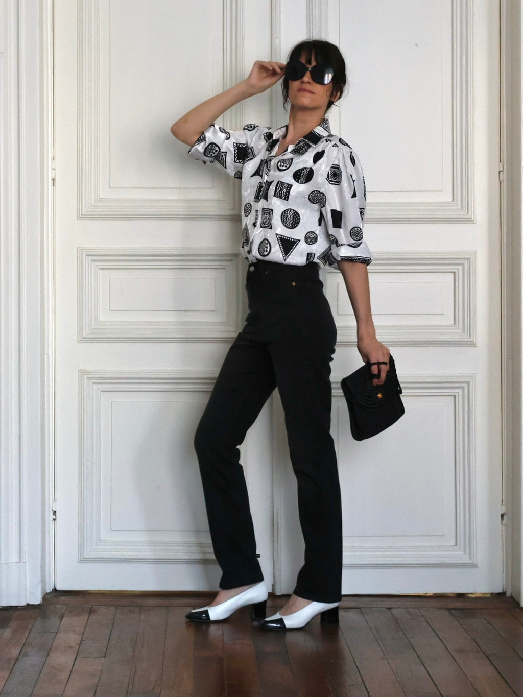 Chemisier Louis Féraud Vintage – Jacquard graphique noir & blanc