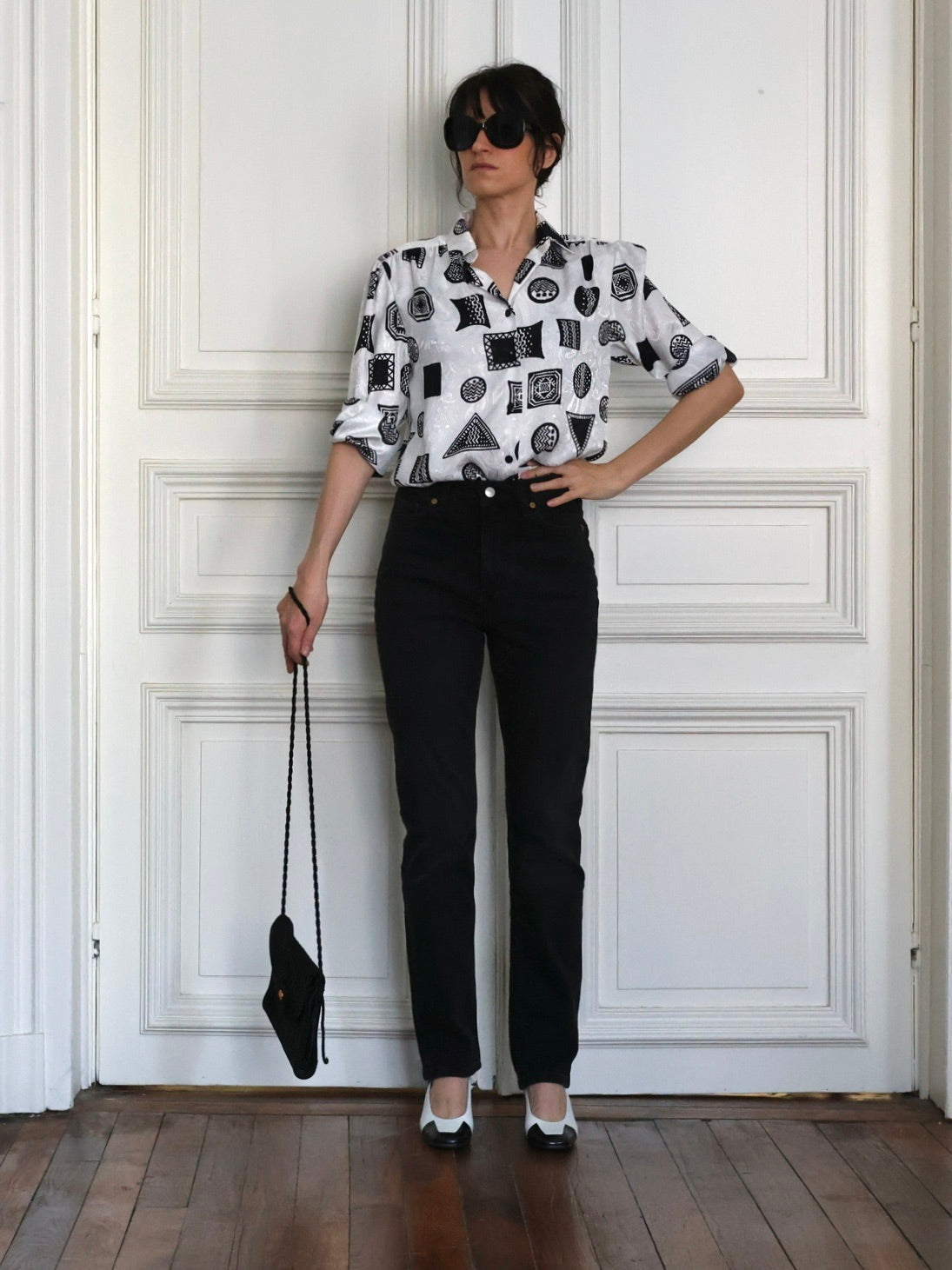 Chemisier Louis Féraud Vintage – Jacquard graphique noir & blanc
